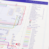 Close-up detail of the Morrissey discography tube map showing album connections and musician credits, designed by Mike Bell.