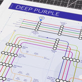 Close-up detail of the Deep Purple discography tube map showing album artwork and track lines, designed by Mike Bell.
