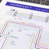 Close-up detail of the Morrissey discography tube map, designed by Mike Bell.