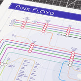 Close-up detail of the Pink Floyd discography tube map, designed by Mike Bell.