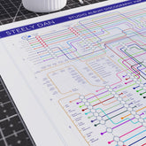 Close-up detail of the Steely Dan discography tube map showing Victor Feldman, Denny Dias, Chuck Rainey and the LA session backbone, ideal present for fans of Steely Dan, designed by Mike Bell.