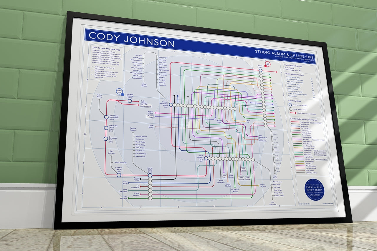 Cody Johnson unique art print gift for fans by Mike Bell: transit map style of musician&