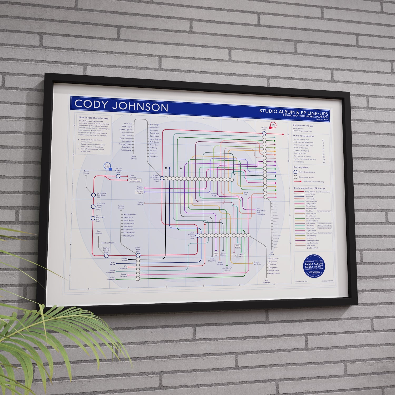 Cody Johnson discography map in A1 size, framed Giclée wall art print in black handmade Italian solid wood frame by Mike Bell.