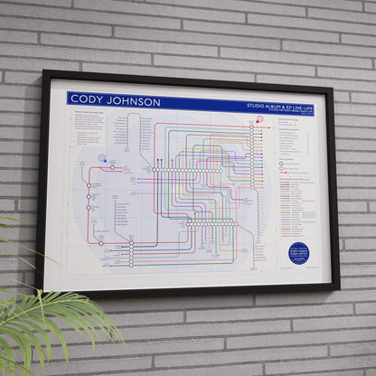 Cody Johnson discography map in A1 size, framed Giclée wall art print in black handmade Italian solid wood frame by Mike Bell.