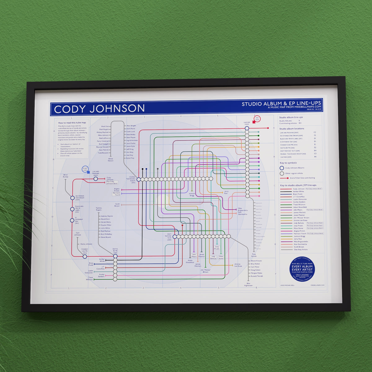 Cody Johnson discography map in A2 size, framed Giclée wall art print in a wooden frame by Mike Bell.