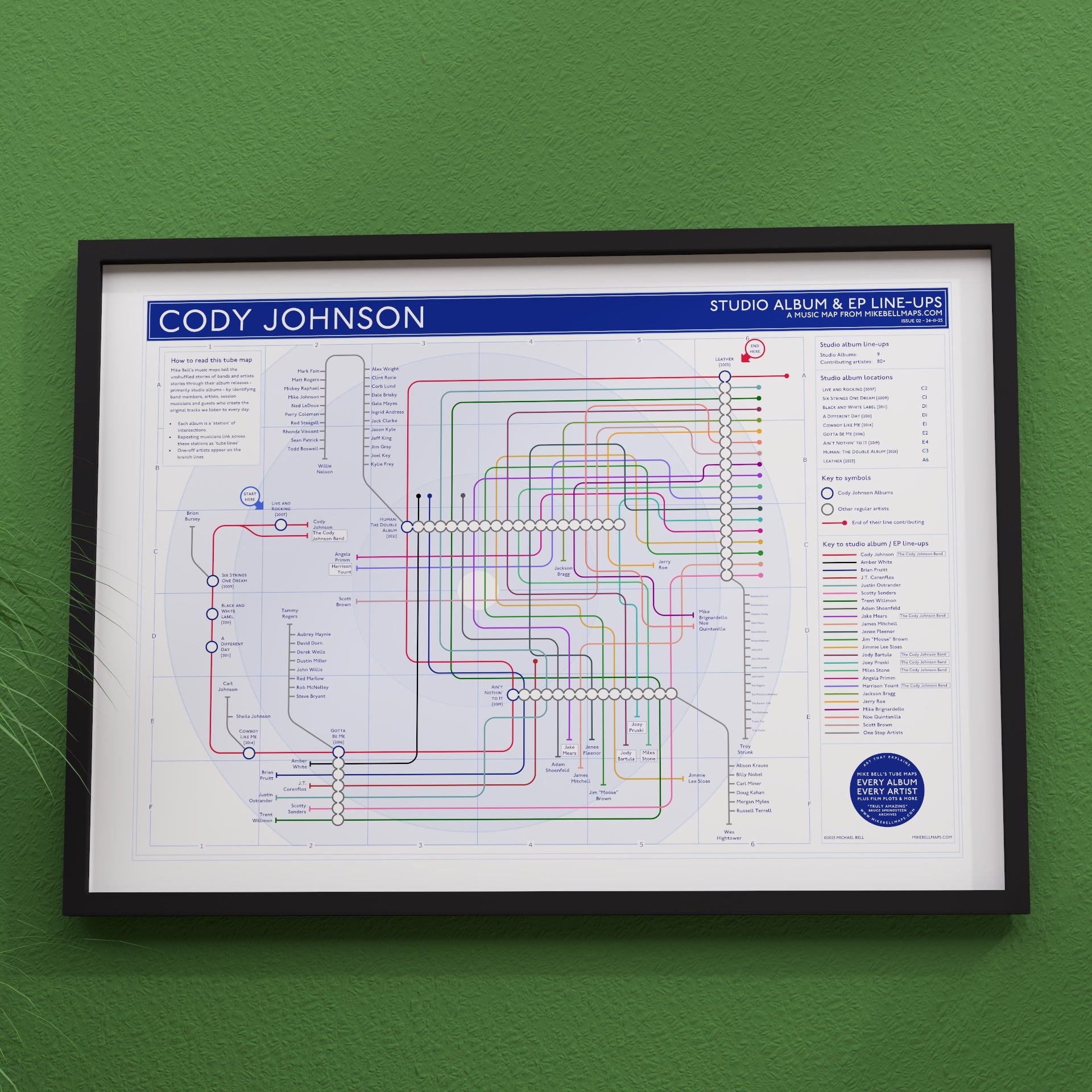 Cody Johnson discography map in A2 size, framed Giclée wall art print in black handmade Italian solid wood frame by Mike Bell.