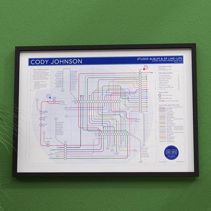 Cody Johnson discography map in A2 size, framed Giclée wall art print in black handmade Italian solid wood frame by Mike Bell.