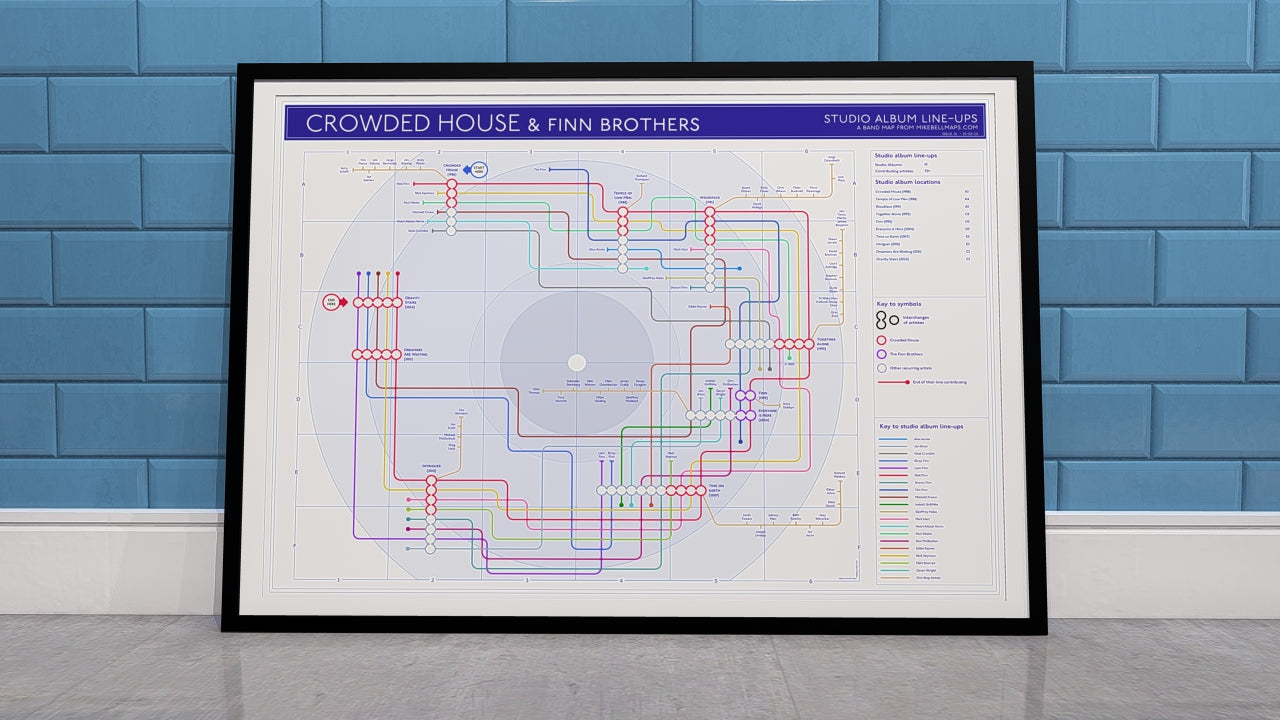 Crowded House art print: Every studio album as a station and every musician as a connecting line on a discography tube map by Mike Bell.