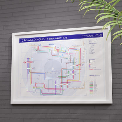 Crowded House discography tube map framed on a grey brick wall with a plant to the right, Giclée wall art print showing every studio album in order, designed by Mike Bell at mikebellmaps.com.