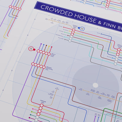 Close-up of the Crowded House discography map showing Neil Finn, Nick Seymour and Paul Hester as the three original tube lines through the catalogue, designed by Mike Bell.
