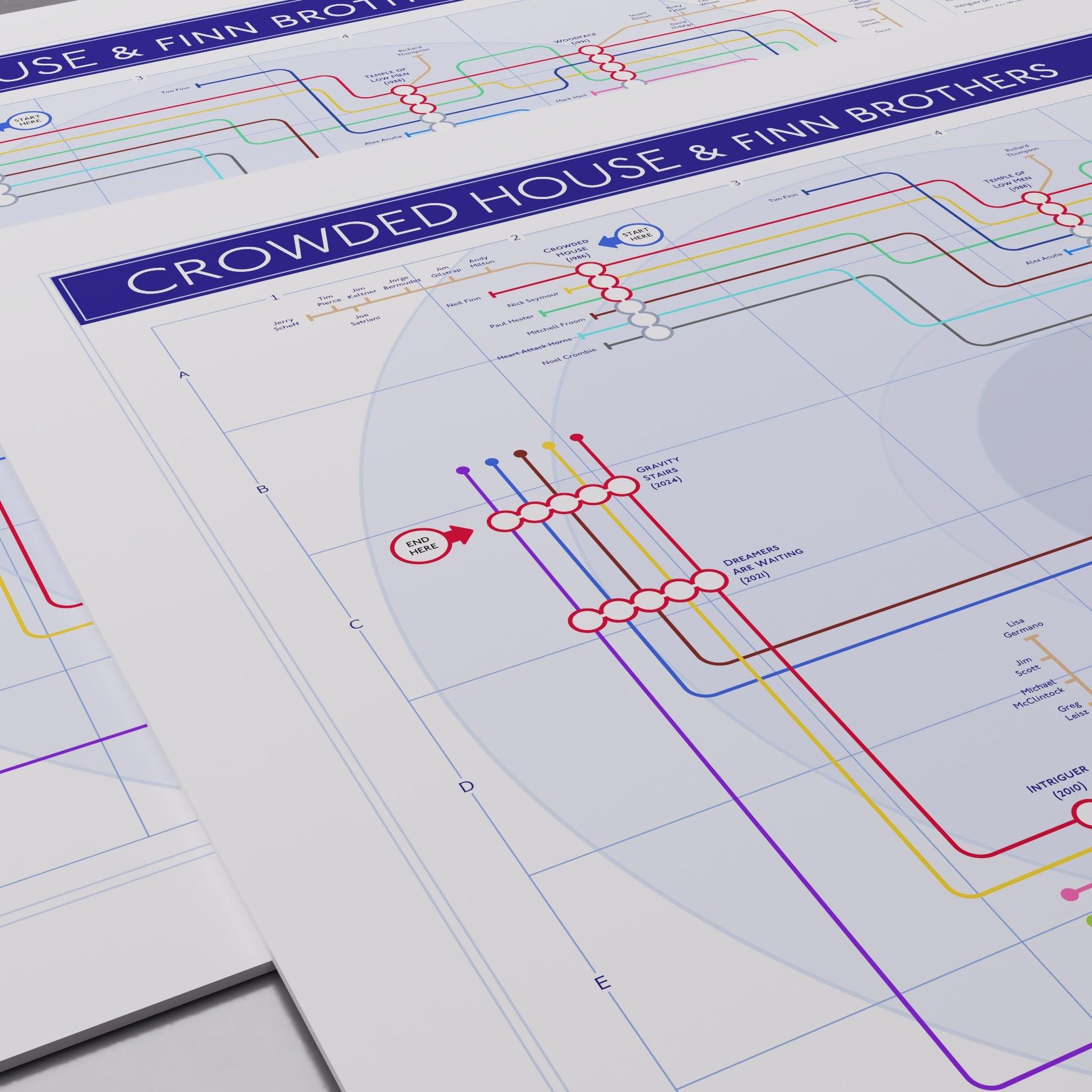 Close-up of the Crowded House discography map showing Liam Finn and Elroy Finn joining as the second-generation Finn tube lines on the recent records, designed by Mike Bell.
