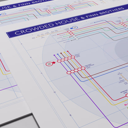 Close-up of the Crowded House discography map showing Liam Finn and Elroy Finn joining as the second-generation Finn tube lines on the recent records, designed by Mike Bell.