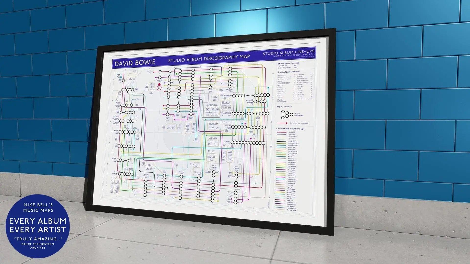 David Bowie discography map showing every studio album as a station and credited musicians as tube lines, designed by Mike Bell at mikebellmaps.com.