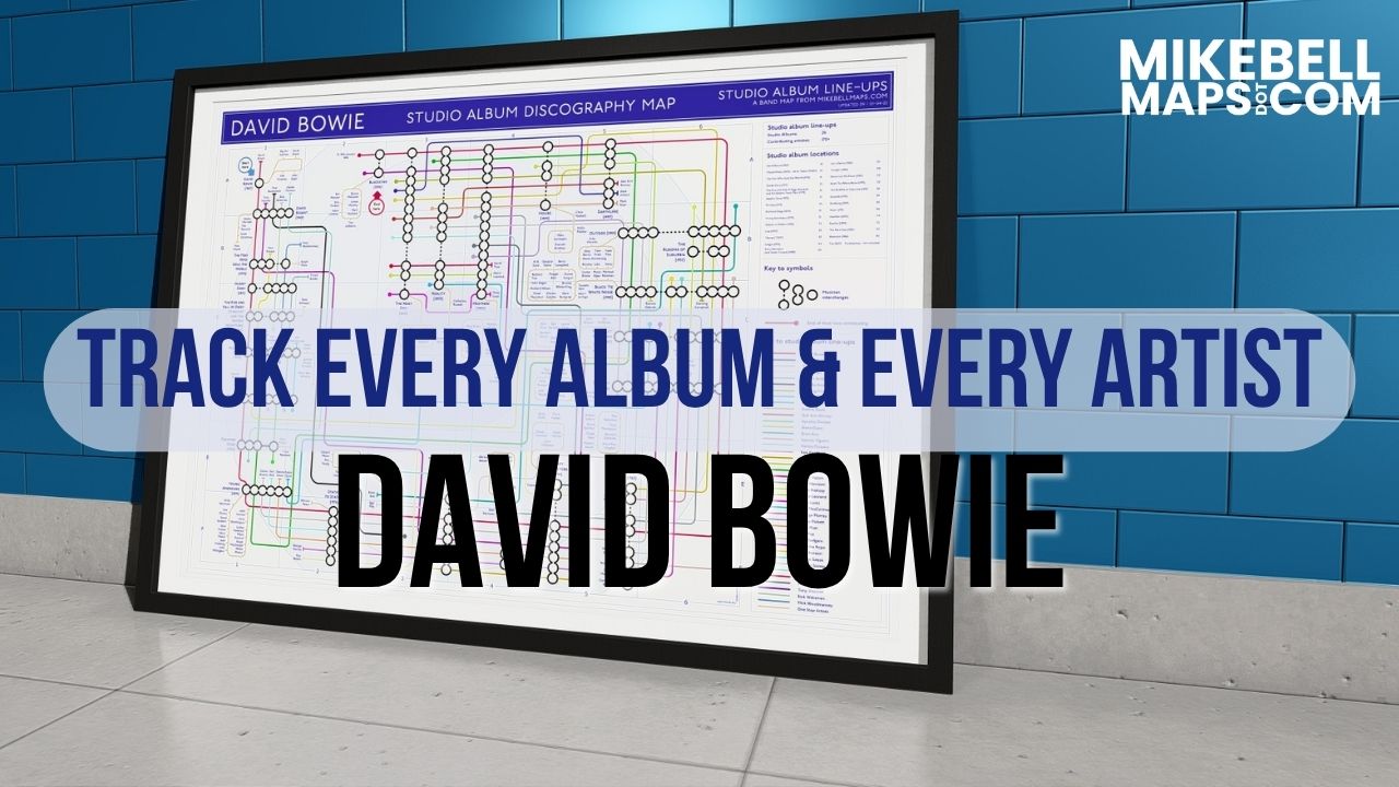 Load video: David Bowie discography music map wall art print by Mike Bell