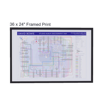 David Bowie discography tube map in 36x24in size (A1 equivalent), framed Giclée wall art print in handmade Italian solid wood frame by Mike Bell.