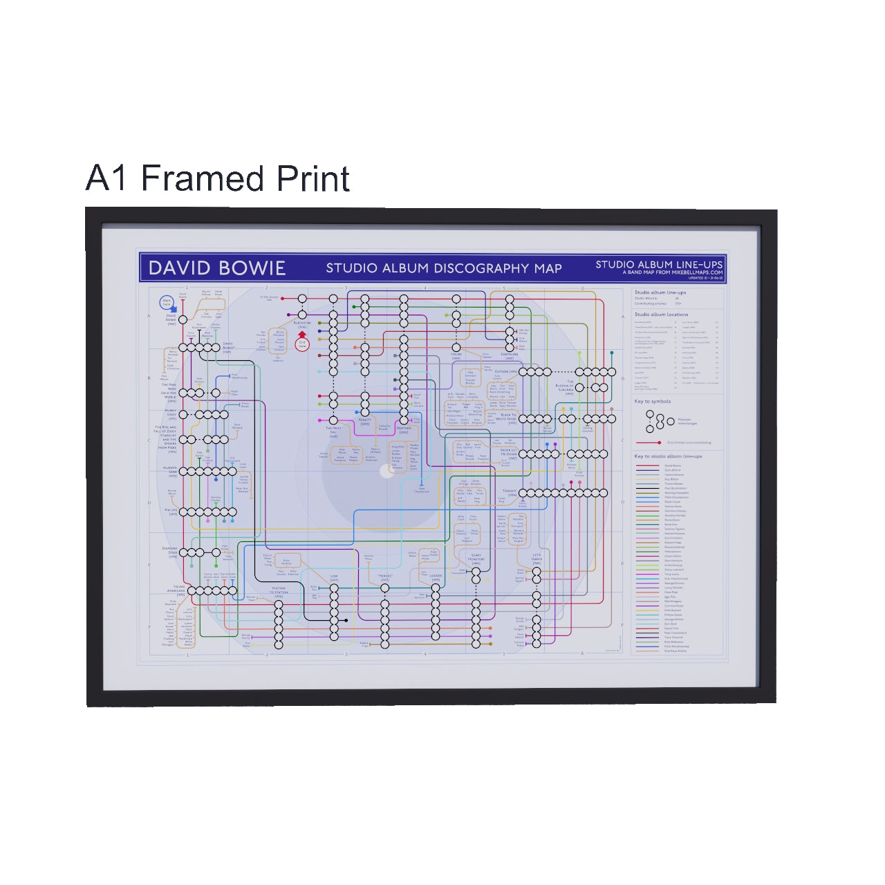 David Bowie discography tube map in A1 size (594x841mm, 24x36in), framed Giclée wall art print in handmade Italian solid wood frame by Mike Bell.