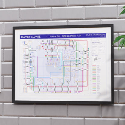 David Bowie discography tube map in 24x18in size (A2 equivalent), framed Giclée wall art print in handmade Italian solid wood frame hung on a wall, designed by Mike Bell.