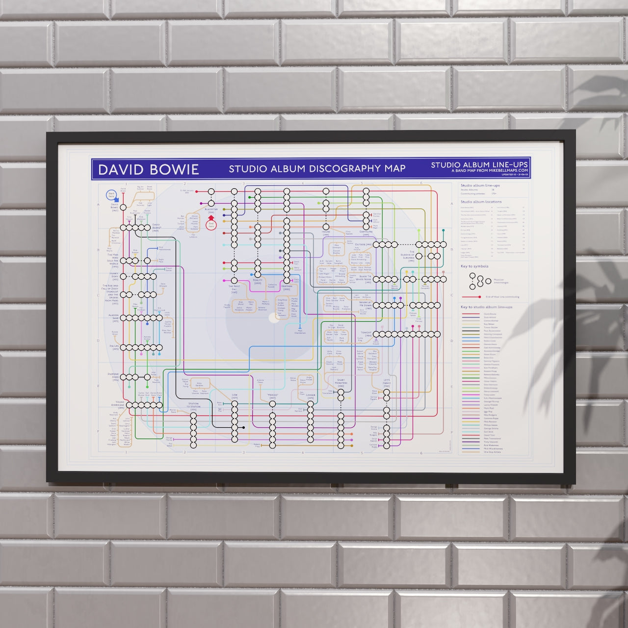 David Bowie discography tube map in 36x24in size (A1 equivalent), framed Giclée wall art print hung on a wall, perfect gift for Bowie fans, music lovers and vinyl collectors, designed by Mike Bell.