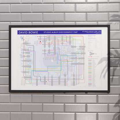 David Bowie discography tube map in 36x24in size (A1 equivalent), framed Giclée wall art print hung on a wall, perfect gift for Bowie fans, music lovers and vinyl collectors, designed by Mike Bell.