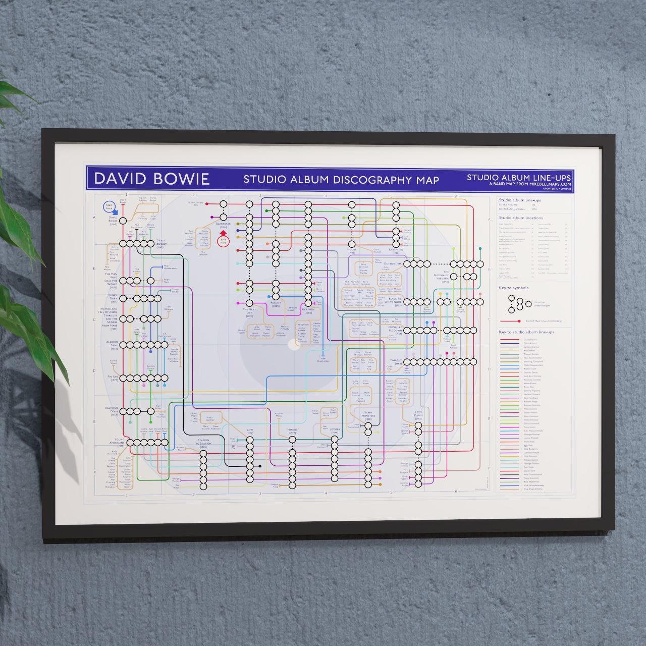 David Bowie discography tube map, landscape Giclée wall art print and ideal gift for Bowie fans showing every studio album from David Bowie (1967) to Blackstar (2016), designed by Mike Bell at mikebellmaps.com.