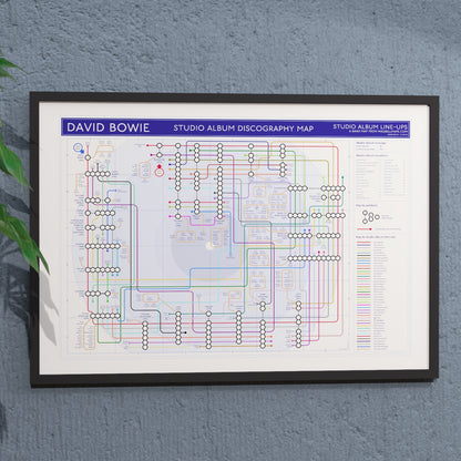 David Bowie discography tube map, landscape Giclée wall art print and ideal gift for Bowie fans showing every studio album from David Bowie (1967) to Blackstar (2016), designed by Mike Bell at mikebellmaps.com.