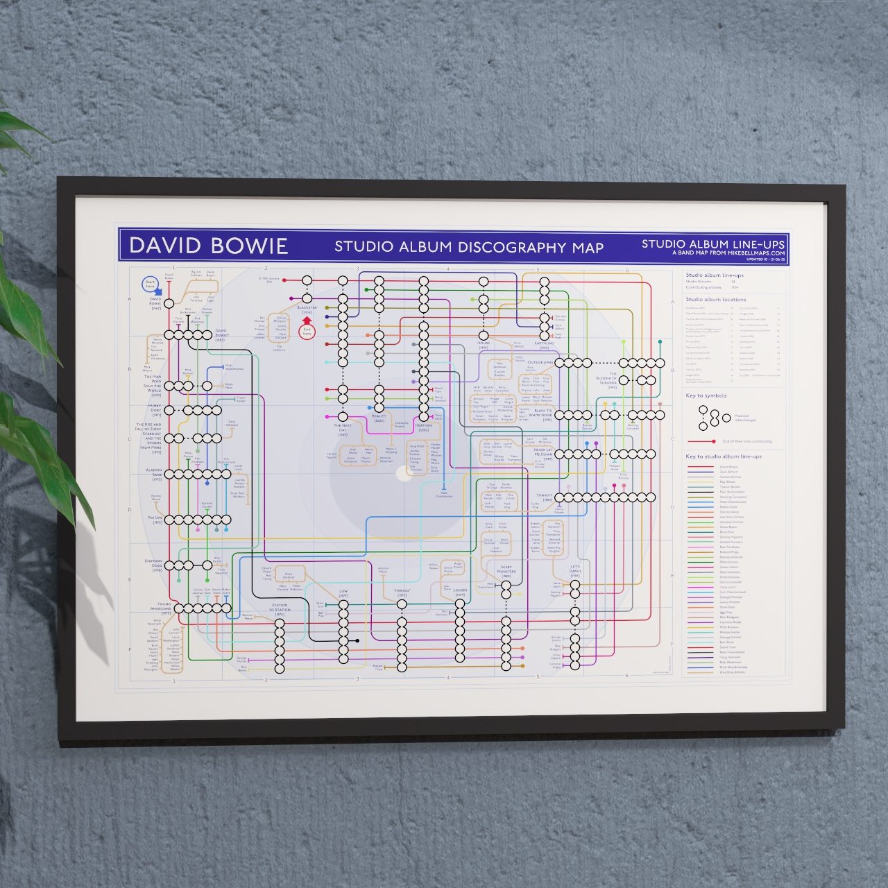 David Bowie discography tube map, landscape Giclée wall art print and ideal gift for Bowie fans showing every studio album from David Bowie (1967) to Blackstar (2016), designed by Mike Bell at mikebellmaps.com.