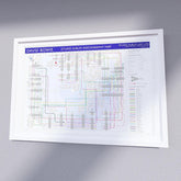 David Bowie music map in a white A2 landscape frame, styled on a contemporary dark wood slatted office wall above a desk, premium wall art print from mikebellmaps.com.