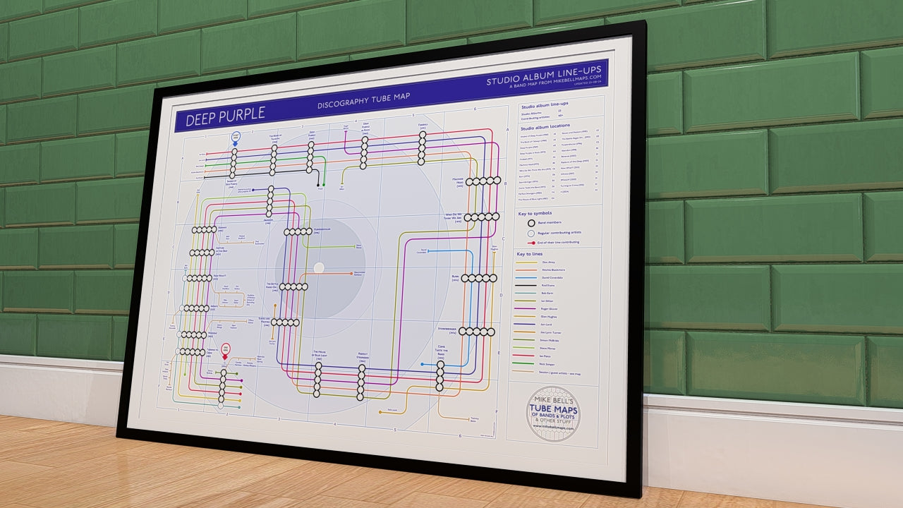 Deep Purple Art Prints: Unique music map displaying the band's complete studio album discography in chronological order.