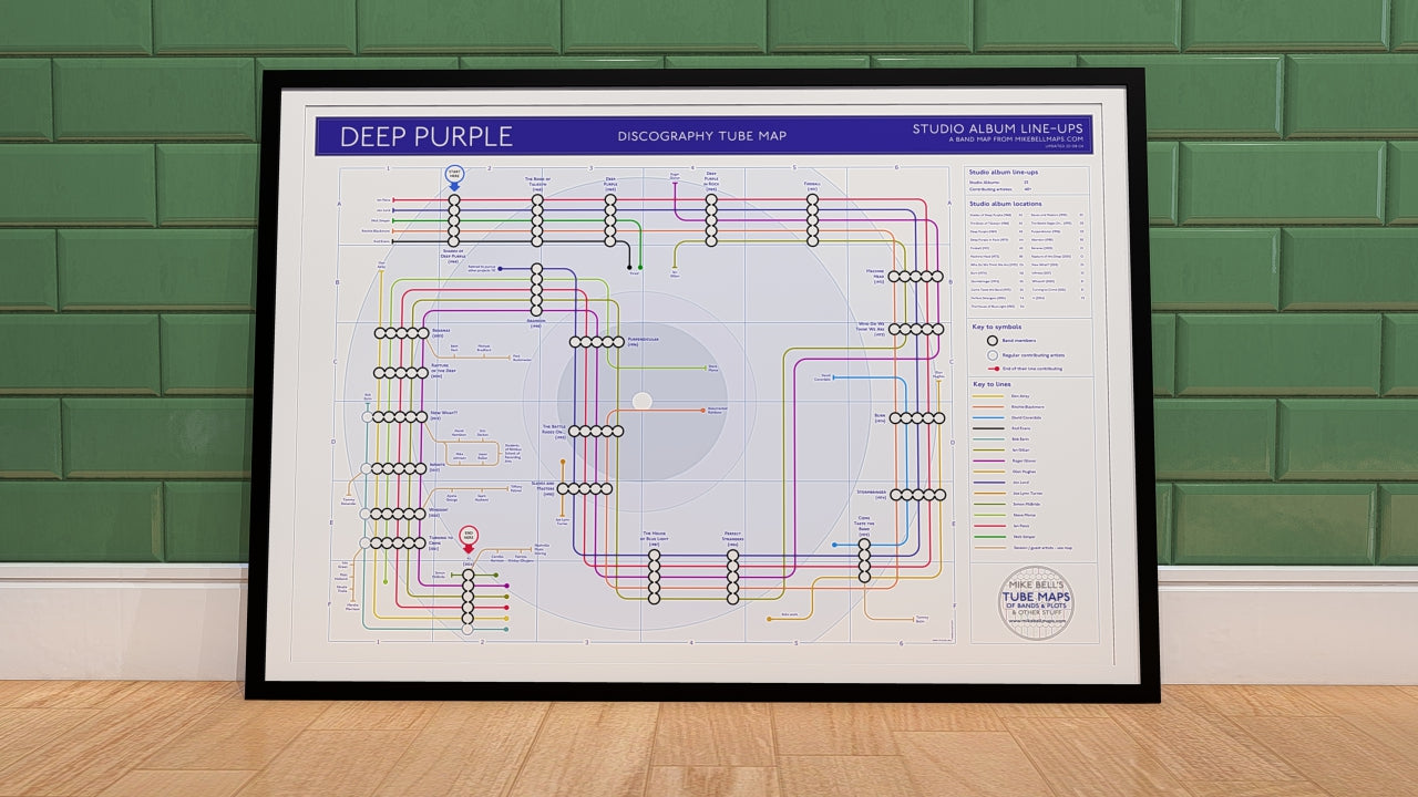 Deep Purple unique art print featuring music map design.