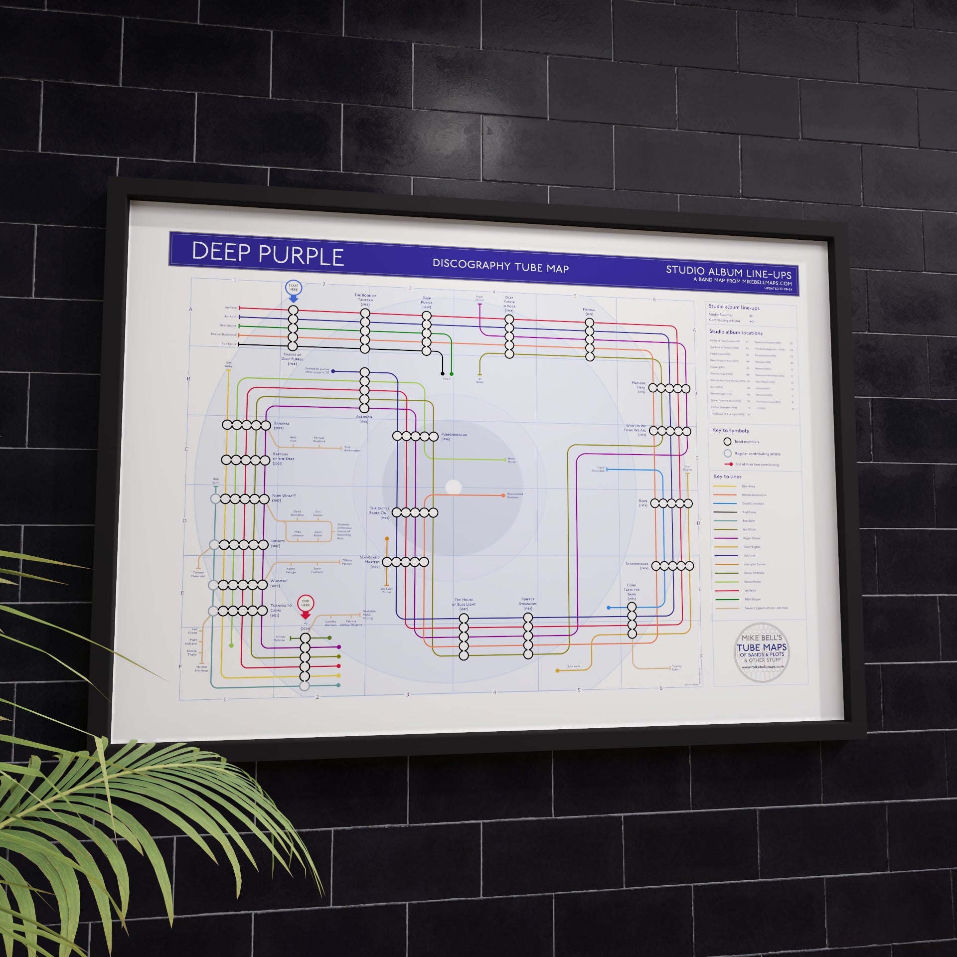 Deep Purple discography tube map in A1 size, framed Giclée wall art print in black handmade Italian solid wood frame by Mike Bell.