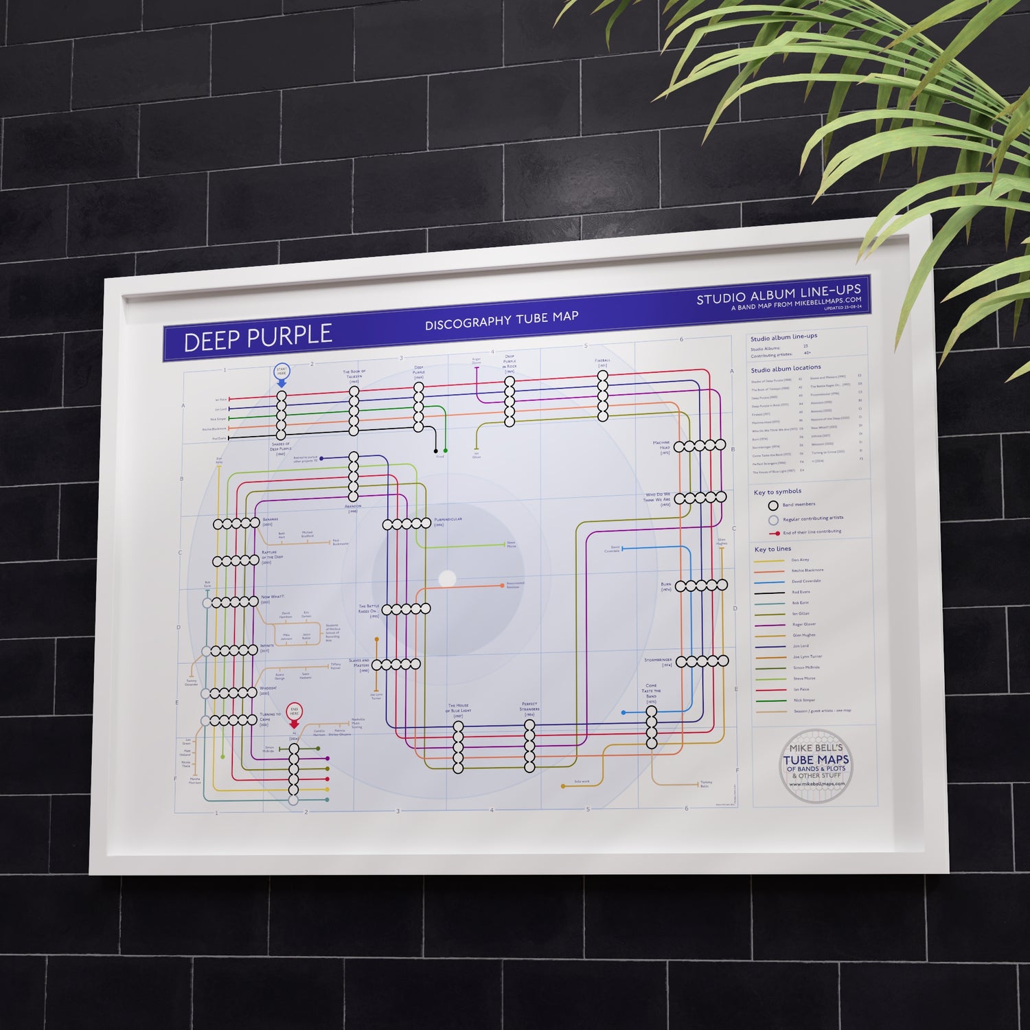 Deep Purple discography tube map in A1 size, framed Giclée wall art print in white handmade Italian solid wood frame by Mike Bell.