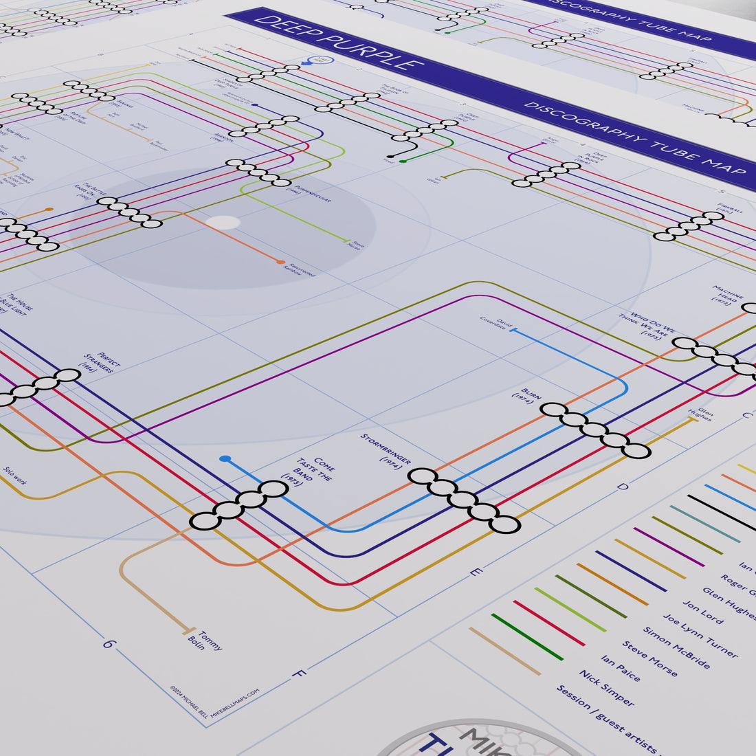 Close-up of the Deep Purple discography tube map showing the famous Mark line-up changes - Mk I, Mk II, Mk III, Mk IV - as the line-up clusters running through the catalogue, designed by Mike Bell.