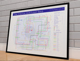Dire Straits art print: Mike Bell discography tube map, studio albums as stations, musicians as connecting lines.