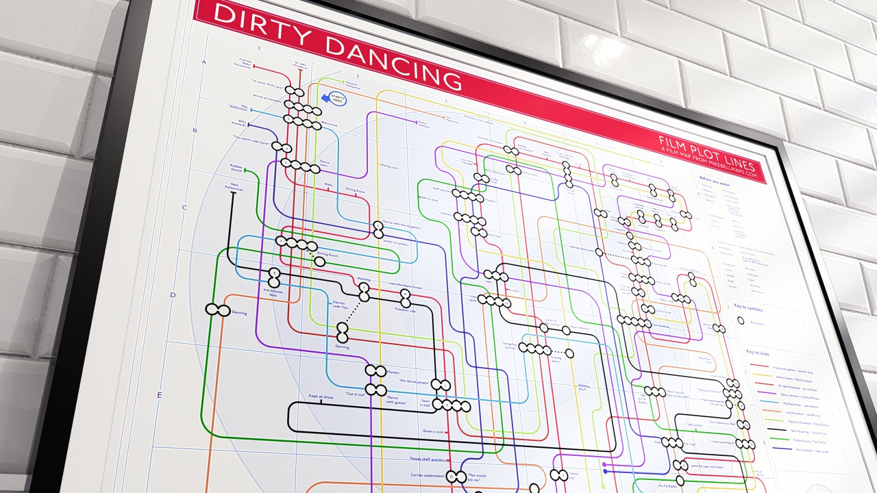 Dirty Dancing art print: Detailed transit map showing film plot lines as connecting tube lines with every scene as a station and character lines.