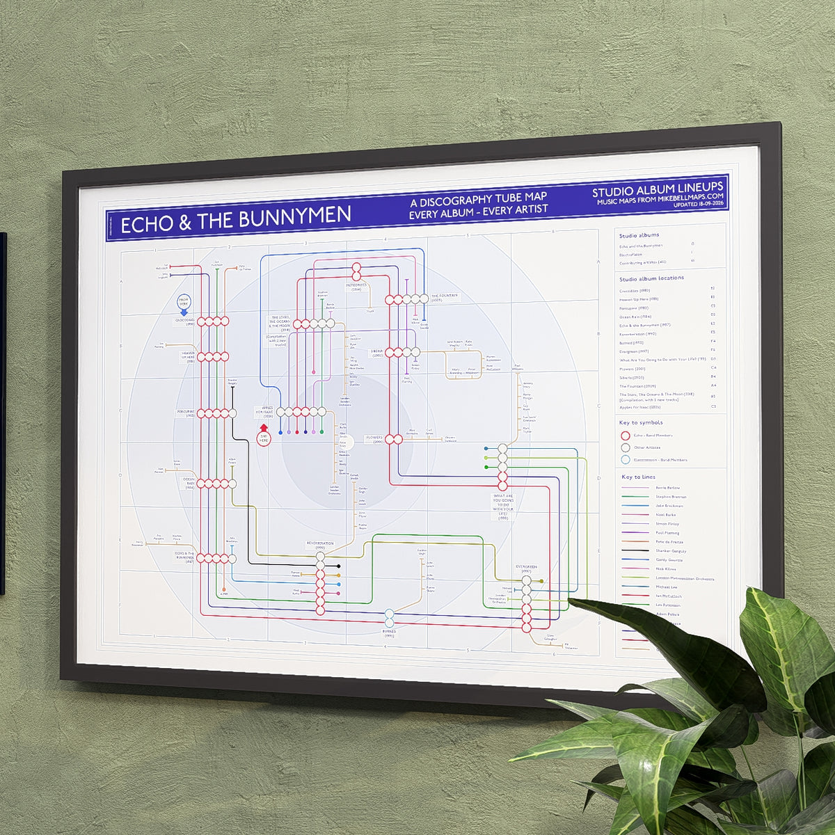 Music wall art gift for Echo and the Bunnymen fans - A2 landscape albums in order map, framed and ready to hang.