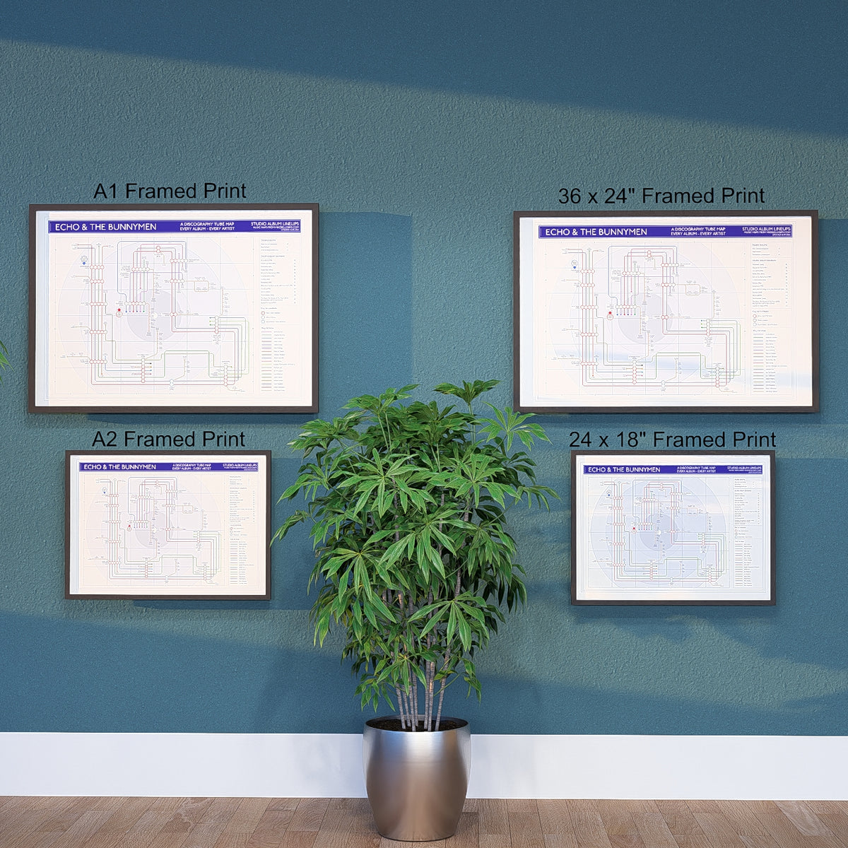 Ideal gift for Echo and the Bunnymen fans - the discography map art print shown in all sizes, framed and ready to hang, designed and researched by Mike Bell at mikebellmaps.com.