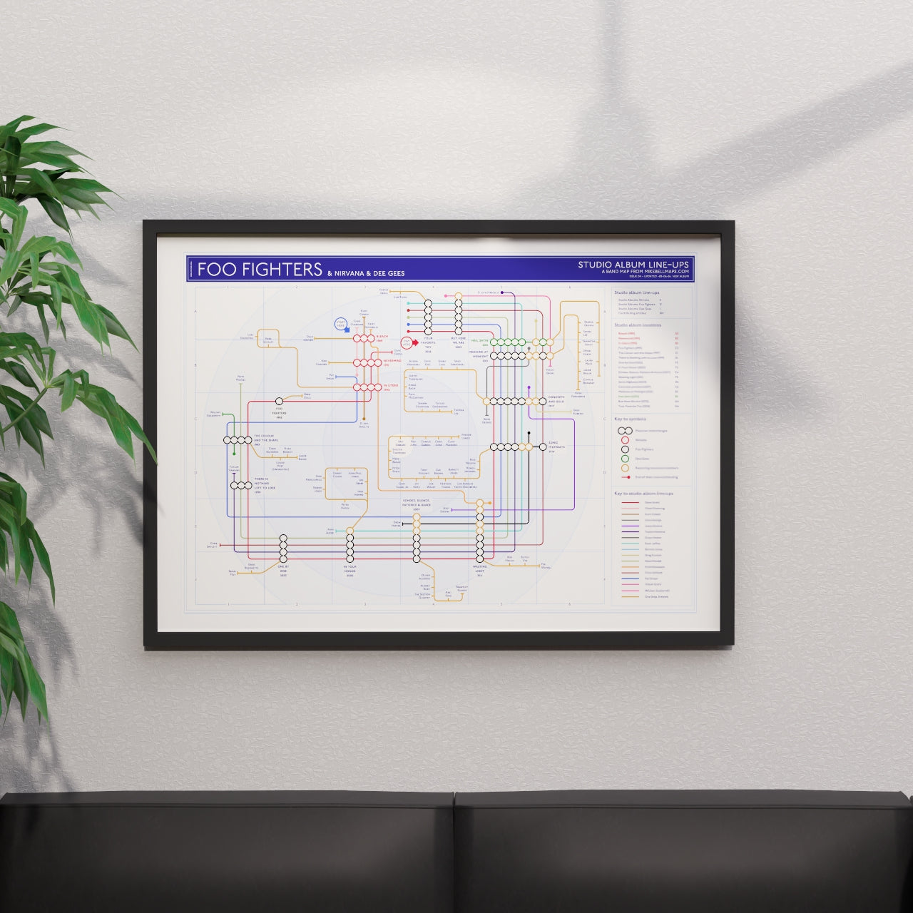 Foo Fighters and Nirvana combined discography tube map in A1 size, framed Giclée wall art print in black handmade Italian solid wood frame by Mike Bell.