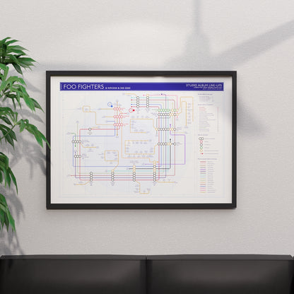 Foo Fighters and Nirvana combined discography tube map in A1 size, framed Giclée wall art print in black handmade Italian solid wood frame by Mike Bell.