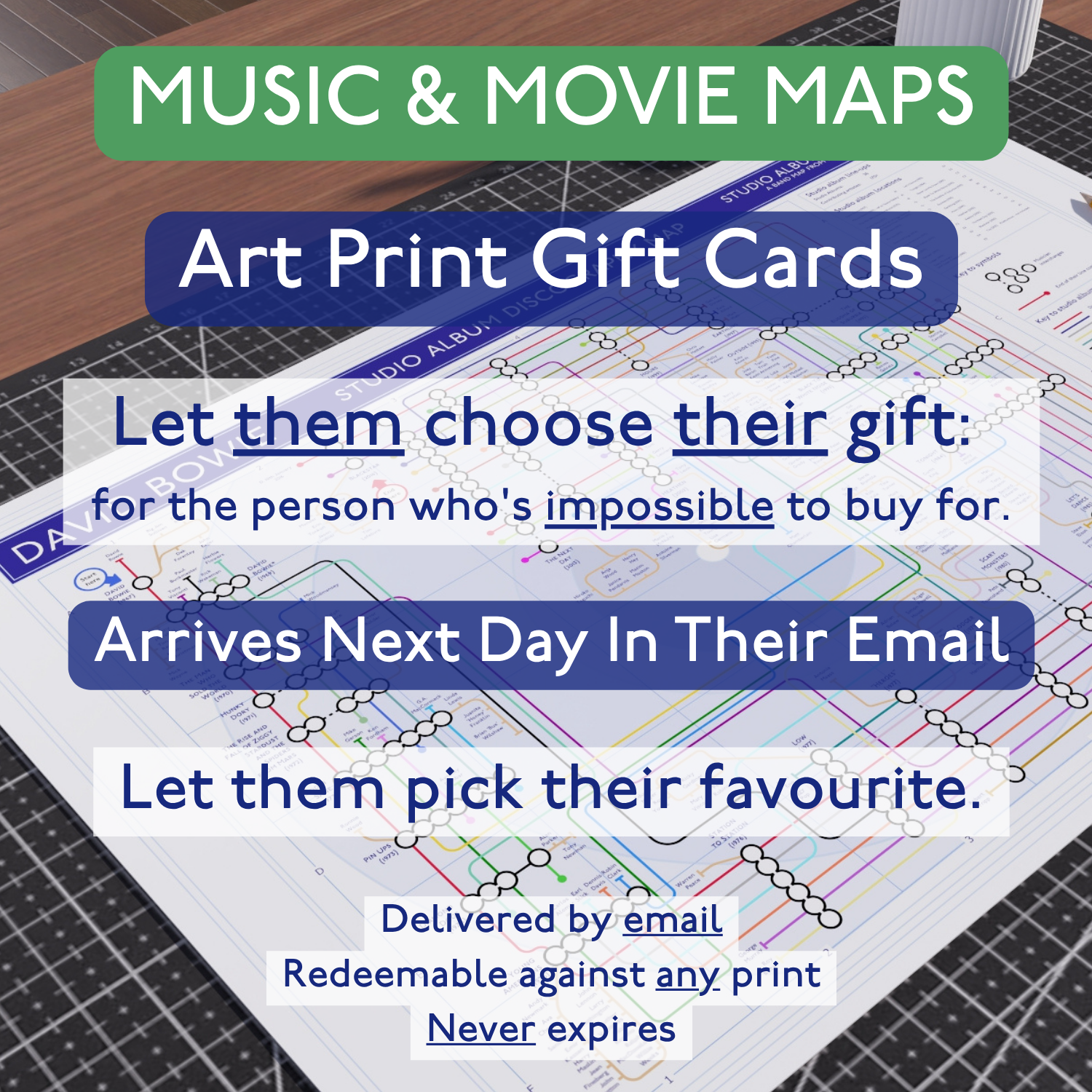 Music discography art print gift card voucher — Mike Bell Maps