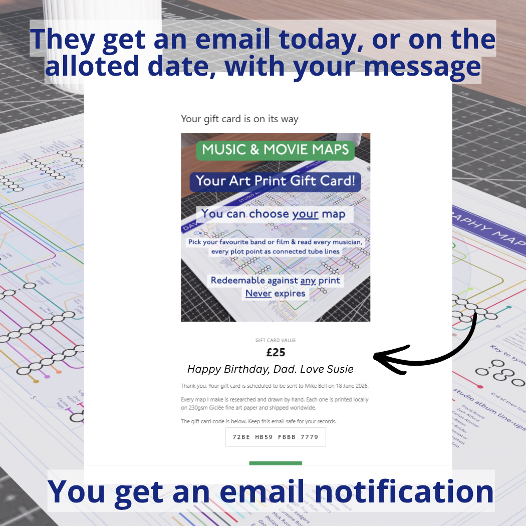 Mike Bell Maps gift card email - digital voucher redeemable against any tube-map-style discography or film plot art print at mikebellmaps.com.