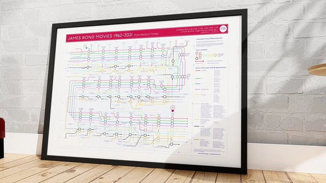 James Bond film plot and character tube map art print. Giclee print.