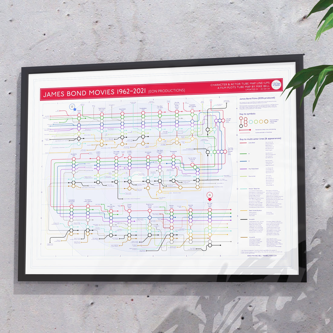 James Bond movie plot lines map in A1 size, framed Giclée wall art print in a handmade Italian solid wood frame by Mike Bell.