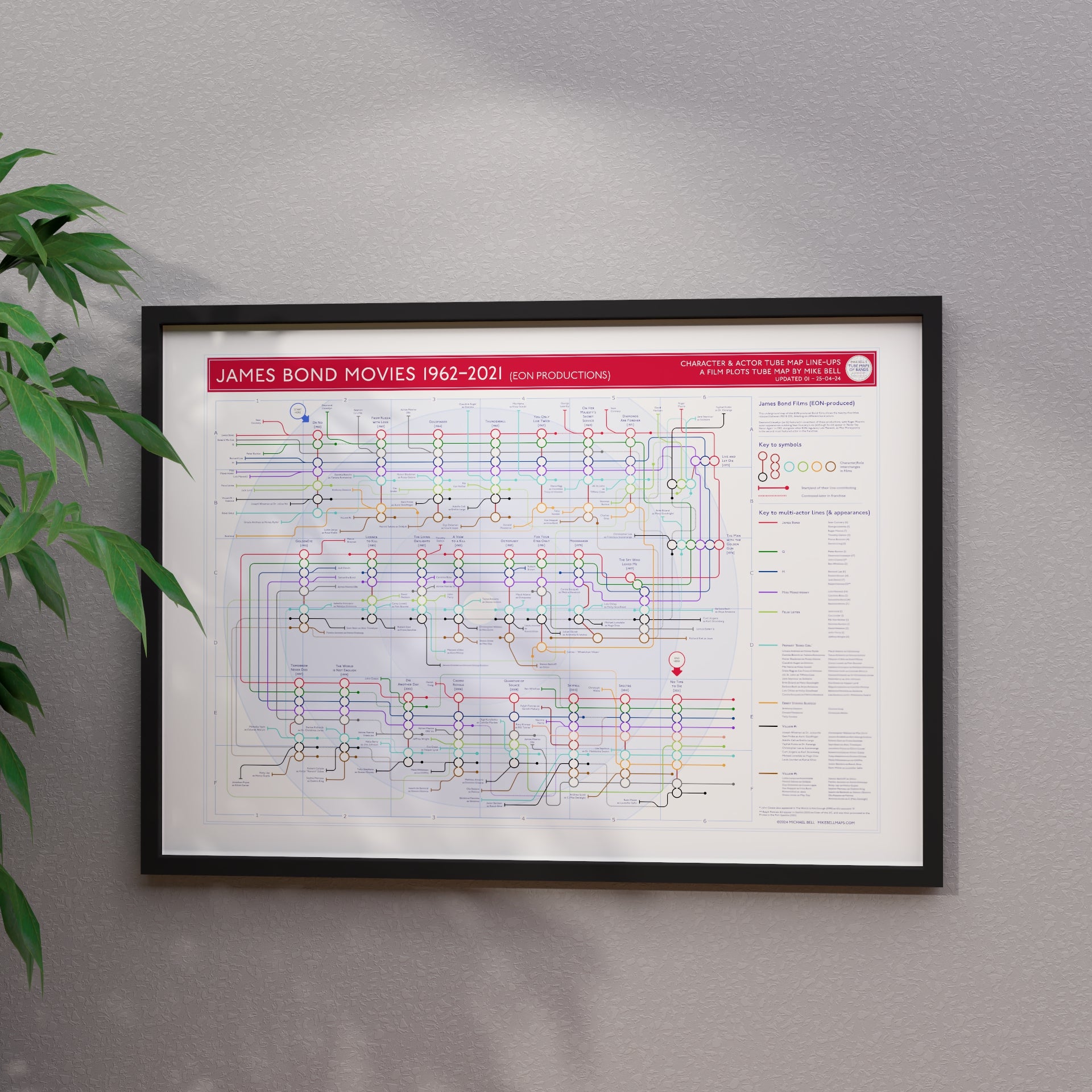 James Bond movie plot lines map in A1 size, framed Giclée wall art print in black handmade Italian solid wood frame by Mike Bell.