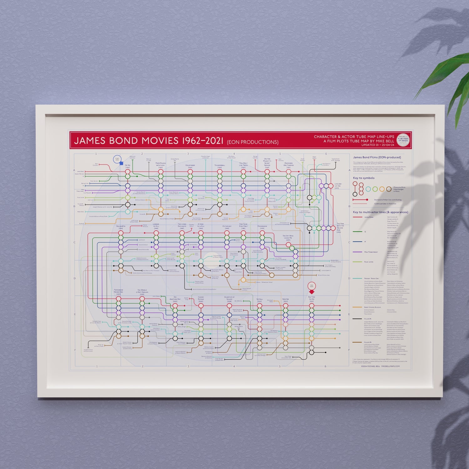 James Bond movie plot lines map in A1 size, framed Giclée wall art print in white handmade Italian solid wood frame by Mike Bell.