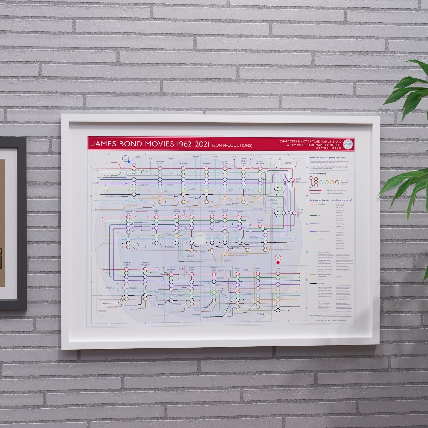 James Bond movie plot lines map in A2 size, framed Giclée wall art print in white handmade Italian solid wood frame by Mike Bell.