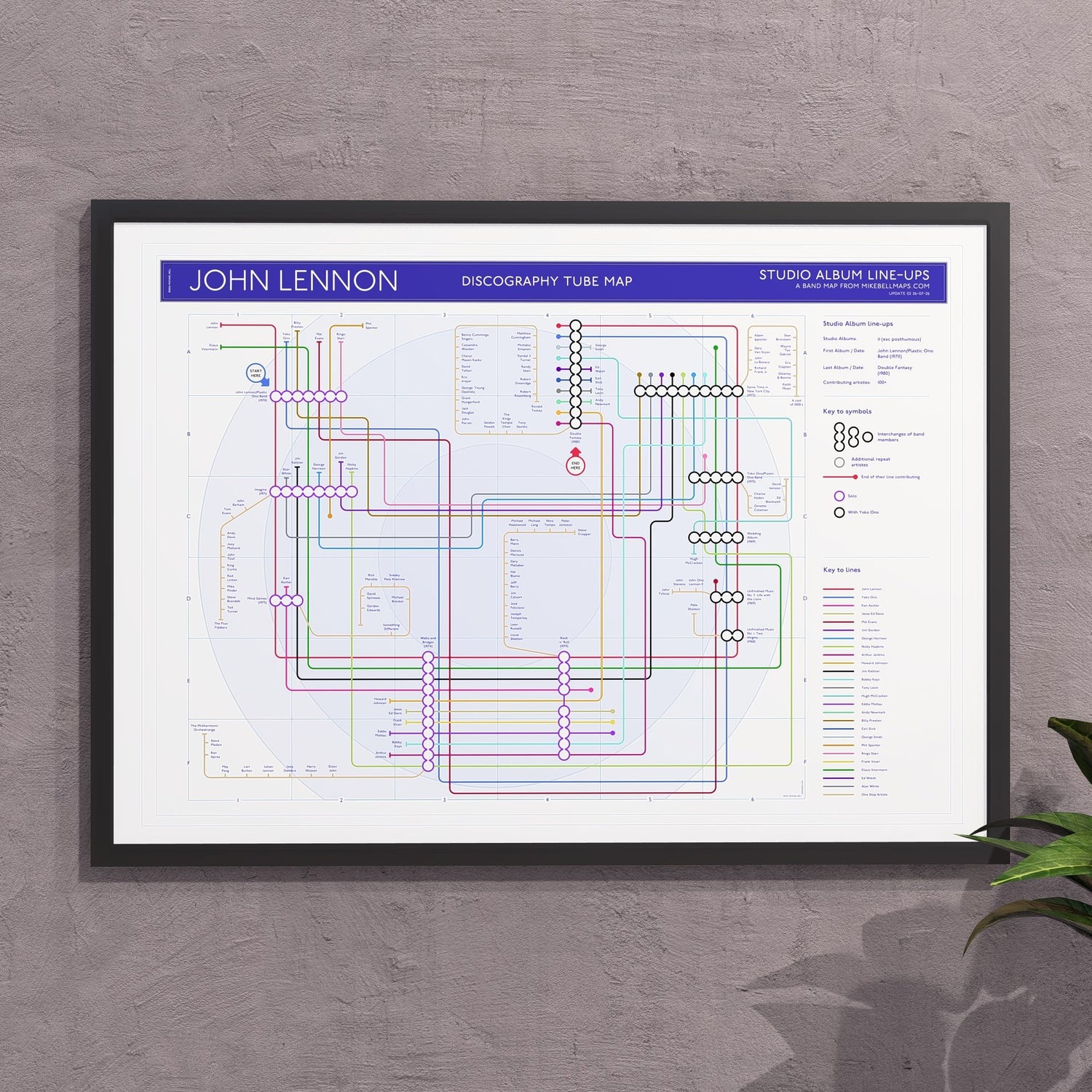 John Lennon discography tube map in A2 size, framed Giclée wall art print, designed by Mike Bell.