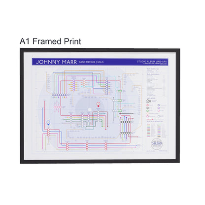 Johnny Marr gift for fans — discography tube map wall art, A1 size in black wooden frame, Giclée print by Mike Bell