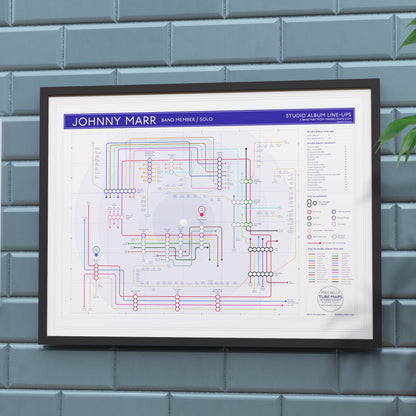 Johnny Marr gift for fans — discography tube map wall art, 24x18in US size in black wooden frame, Giclée print by Mike Bell.