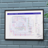 Johnny Marr discography map in 24x18in, framed Giclée wall art print hung on a wall, designed by Mike Bell.