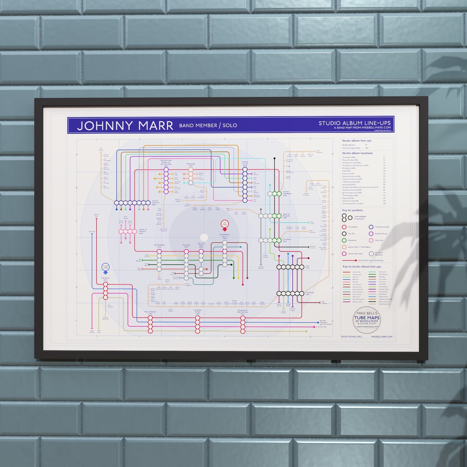 Johnny Marr gift for fans — discography tube map wall art, 36x24in US size in black wooden frame, Giclée print by Mike Bell.